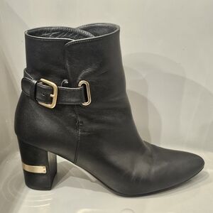 STUART WEITZMAN Black Leather Ankle Boots w/ Gold Buckles & Imback Heel Accents
